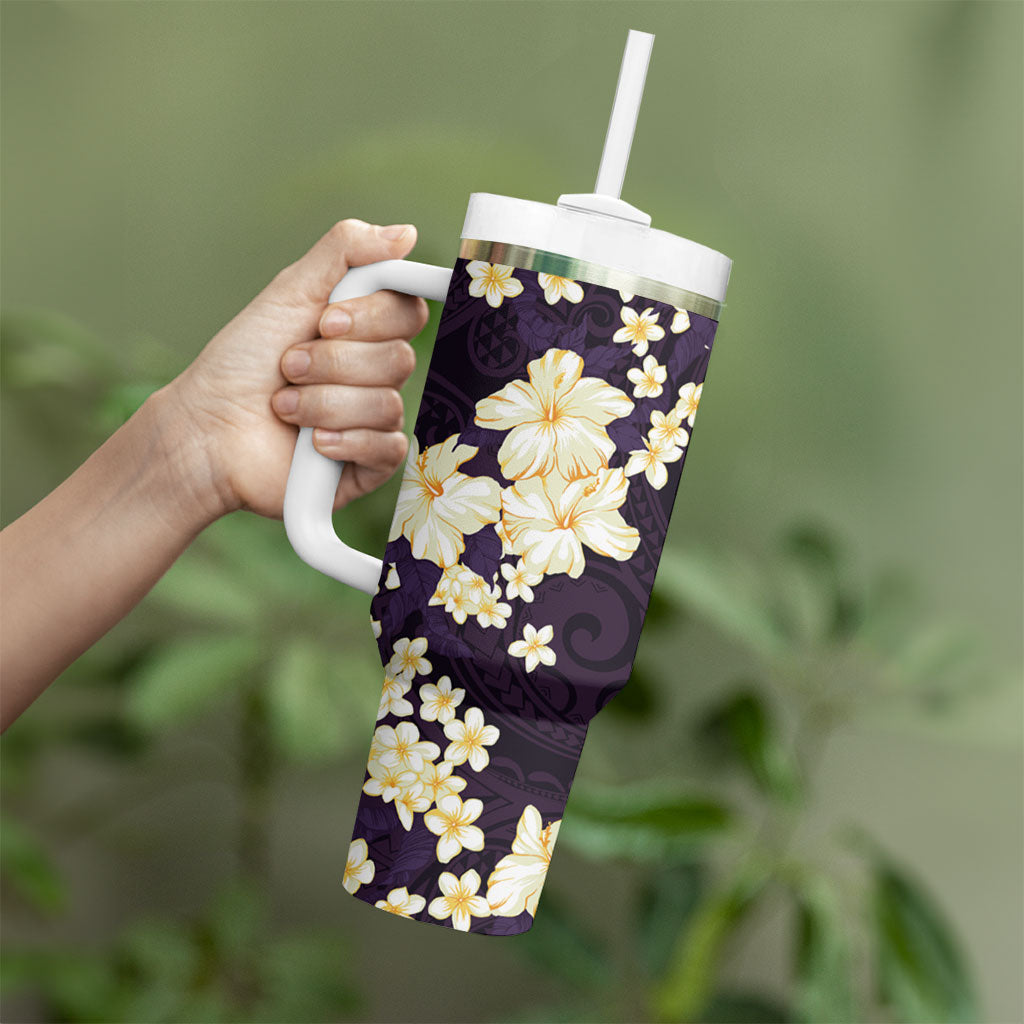 Hawaii Hibiscus Plumeria Purple Tumbler With Handle Polynesian Pattern LT01 - Polynesian Pride