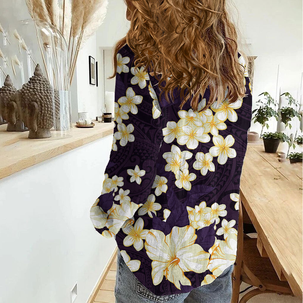 Hawaii Hibiscus Plumeria Purple Women Casual Shirt Polynesian Pattern LT01 - Polynesian Pride