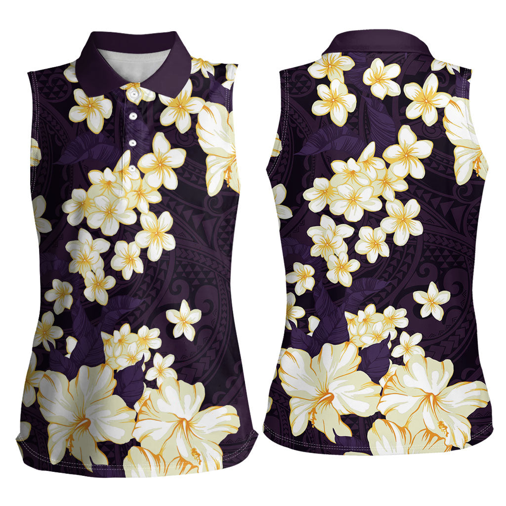 Hawaii Hibiscus Plumeria Purple Women Sleeveless Polo Shirt Polynesian Pattern LT01 - Polynesian Pride