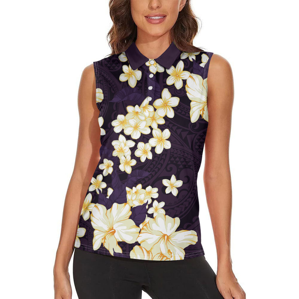 Hawaii Hibiscus Plumeria Purple Women Sleeveless Polo Shirt Polynesian Pattern LT01 - Polynesian Pride