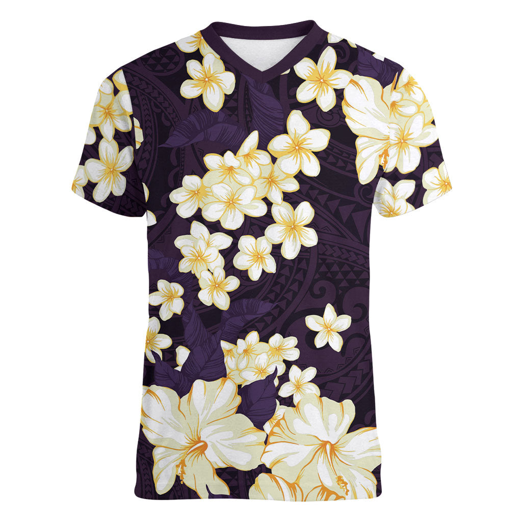 Hawaii Hibiscus Plumeria Purple Women V-Neck T-Shirt Polynesian Pattern LT01 Female Purple - Polynesian Pride