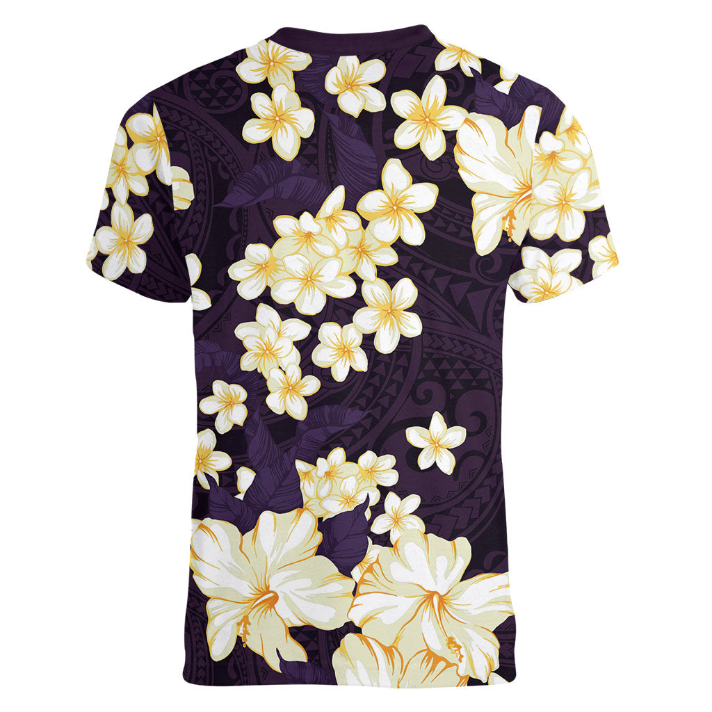 Hawaii Hibiscus Plumeria Purple Women V-Neck T-Shirt Polynesian Pattern LT01 - Polynesian Pride