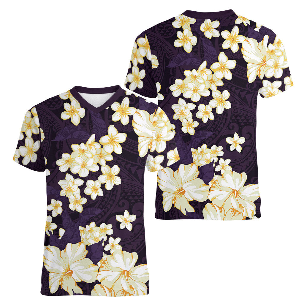 Hawaii Hibiscus Plumeria Purple Women V-Neck T-Shirt Polynesian Pattern LT01 - Polynesian Pride