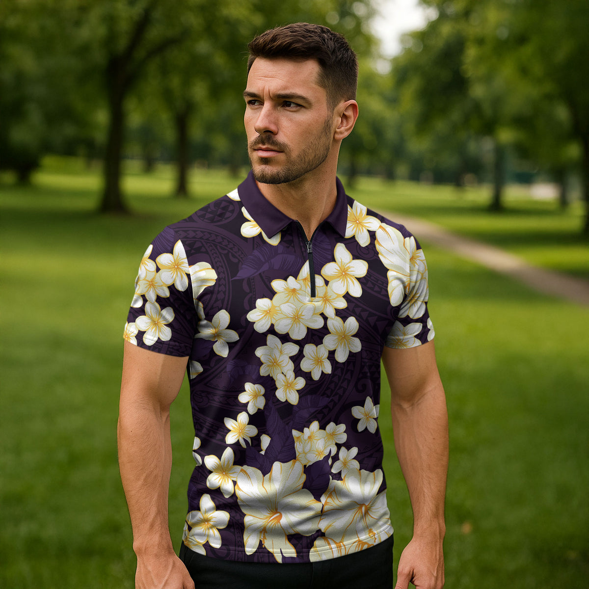 Hawaii Hibiscus Plumeria Purple Zipper Polo Shirt Polynesian Pattern LT01 - Polynesian Pride