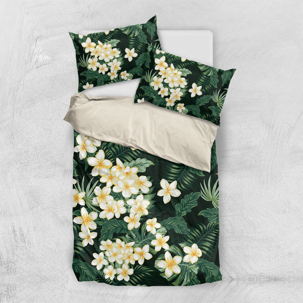 Hawaii Plumeria Tropical Leaves Bedding Set Monstera Calathea Palm Fronds