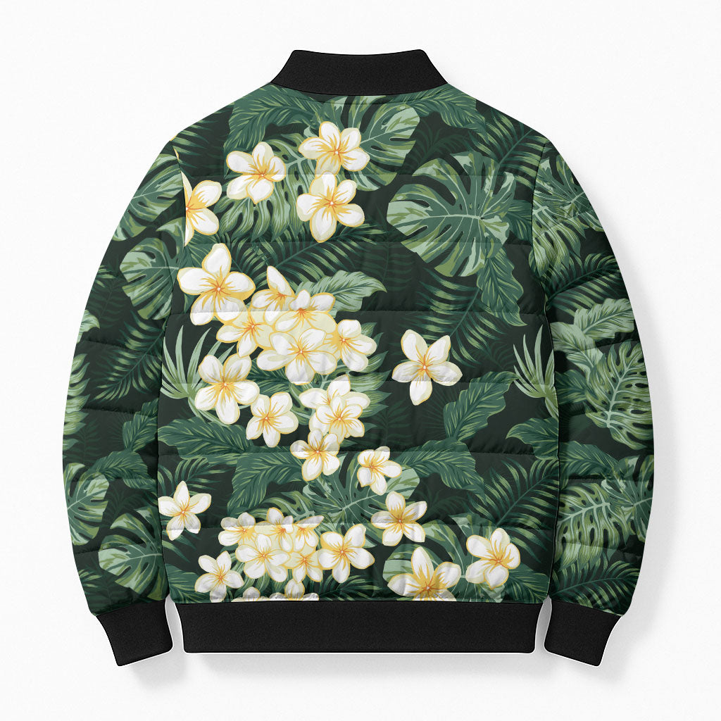 Hawaii Plumeria Tropical Leaves Bomber Puffer Jacket Monstera Calathea Palm Fronds