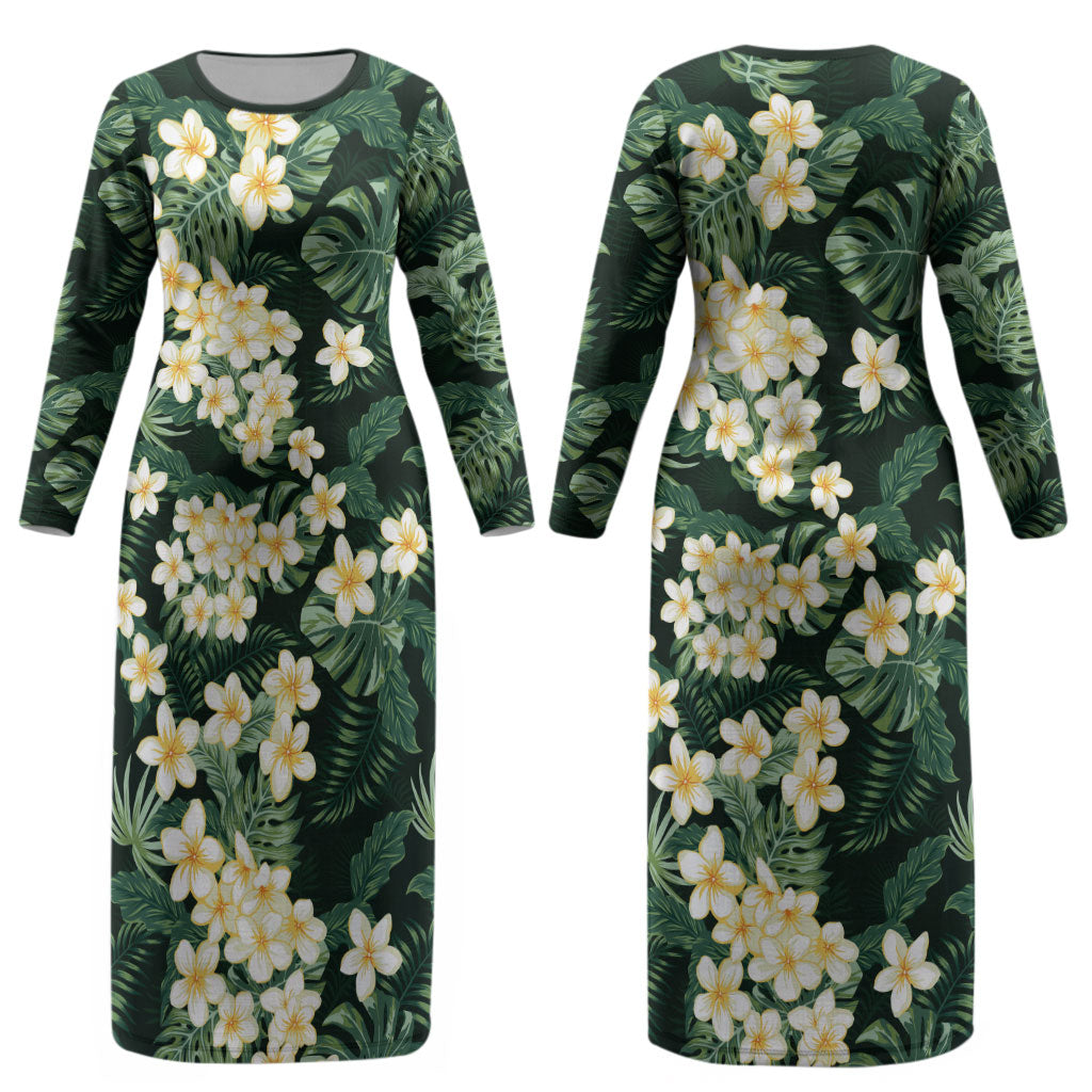 Hawaii Plumeria Tropical Leaves Couples Matching Long Sleeve Bodycon Dress and Hawaiian Shirt Monstera Calathea Palm Fronds