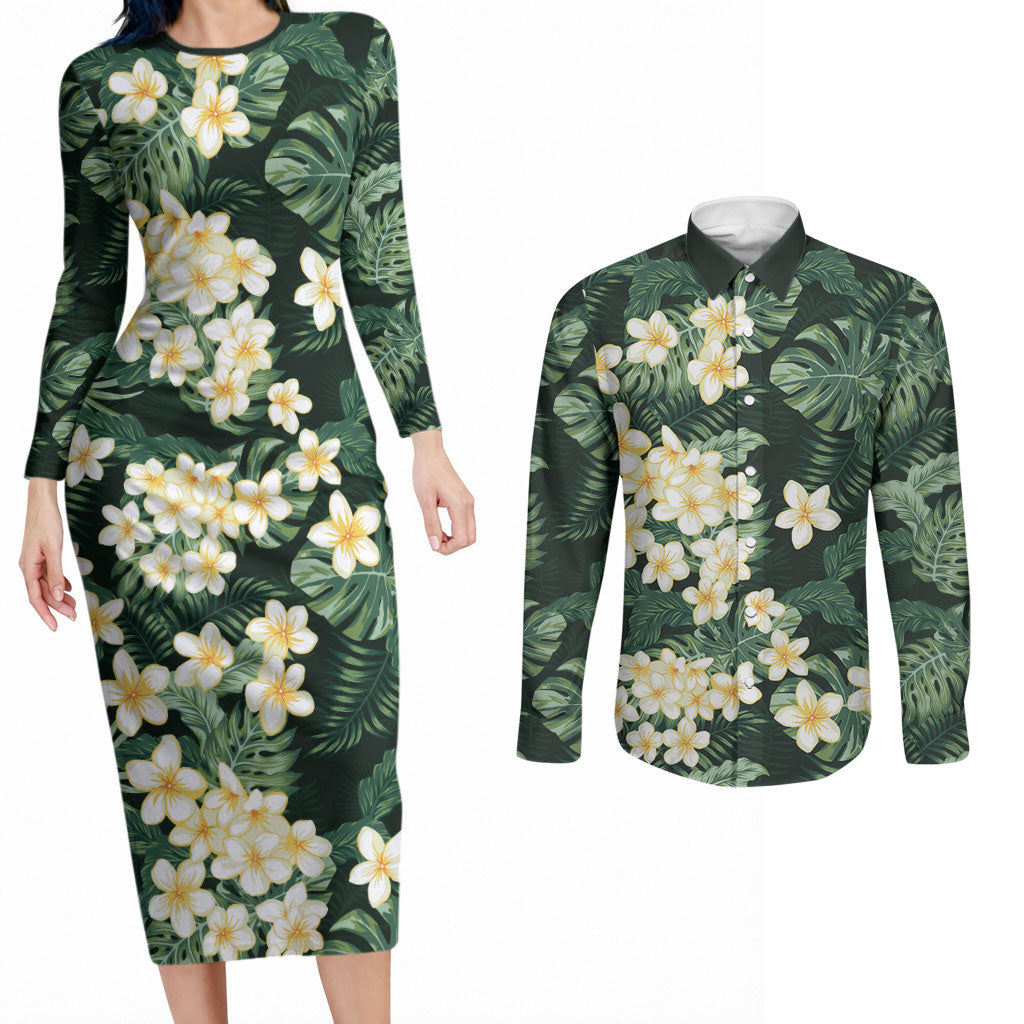Hawaii Plumeria Tropical Leaves Couples Matching Long Sleeve Bodycon Dress and Long Sleeve Button Shirt Monstera Calathea Palm Fronds