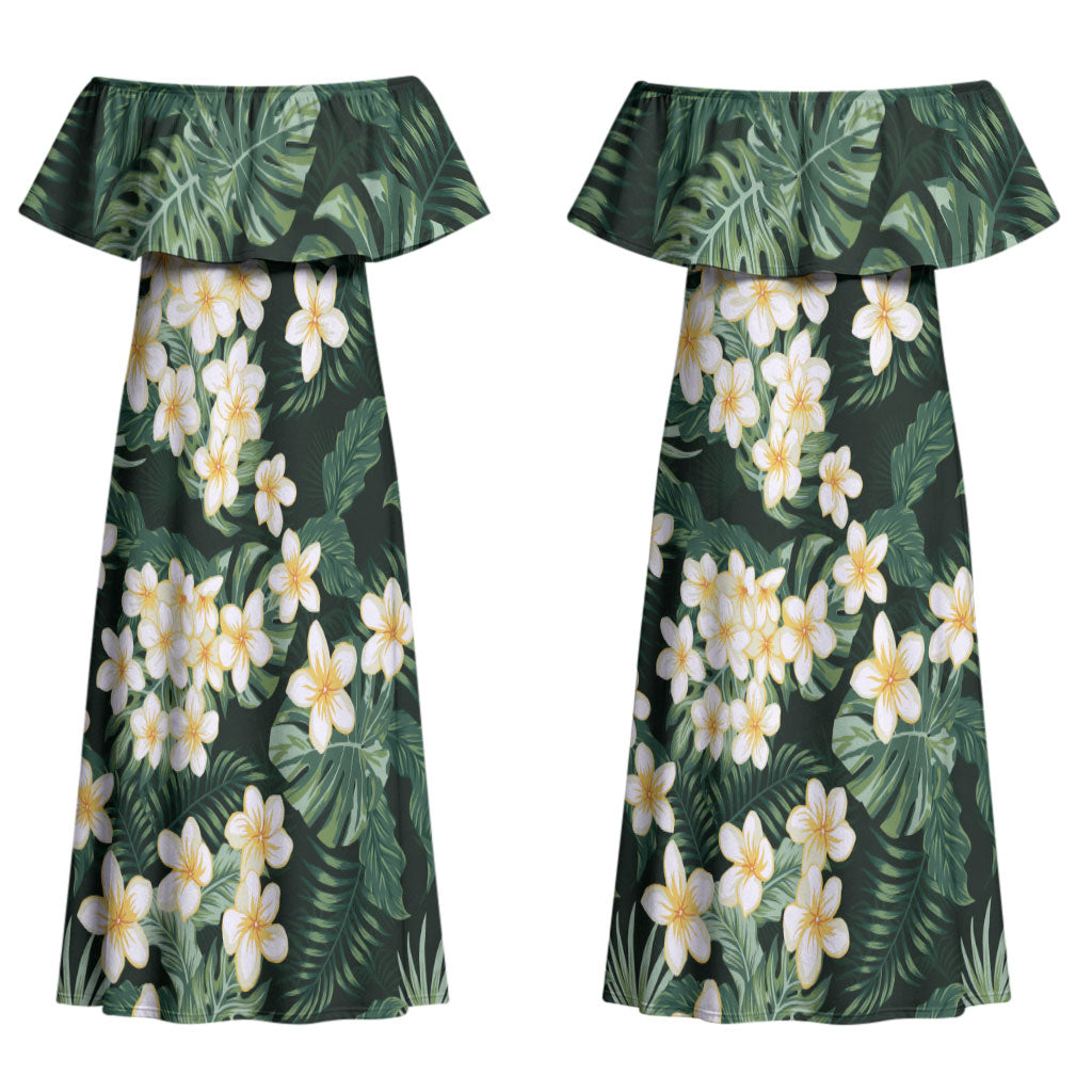 Hawaii Plumeria Tropical Leaves Couples Matching Off Shoulder Maxi Dress and Long Sleeve Button Shirt Monstera Calathea Palm Fronds