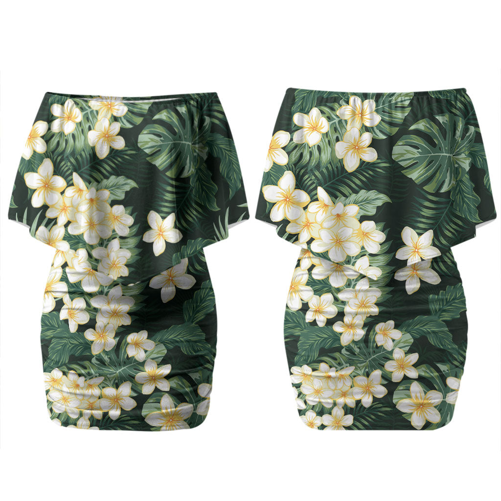 Hawaii Plumeria Tropical Leaves Couples Matching Off Shoulder Short Dress and Long Sleeve Button Shirt Monstera Calathea Palm Fronds