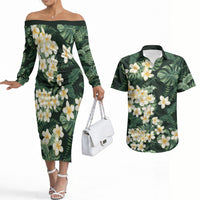 Hawaii Plumeria Tropical Leaves Couples Matching Off The Shoulder Long Sleeve Dress and Hawaiian Shirt Monstera Calathea Palm Fronds