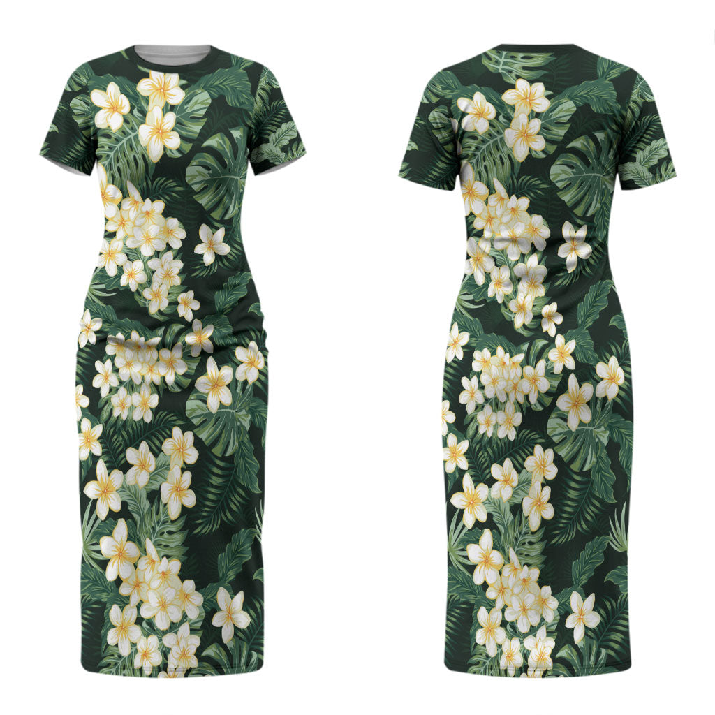 Hawaii Plumeria Tropical Leaves Couples Matching Short Sleeve Bodycon Dress and Hawaiian Shirt Monstera Calathea Palm Fronds