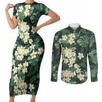 Hawaii Plumeria Tropical Leaves Couples Matching Short Sleeve Bodycon Dress and Long Sleeve Button Shirt Monstera Calathea Palm Fronds