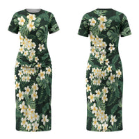 Hawaii Plumeria Tropical Leaves Couples Matching Short Sleeve Bodycon Dress and Long Sleeve Button Shirt Monstera Calathea Palm Fronds