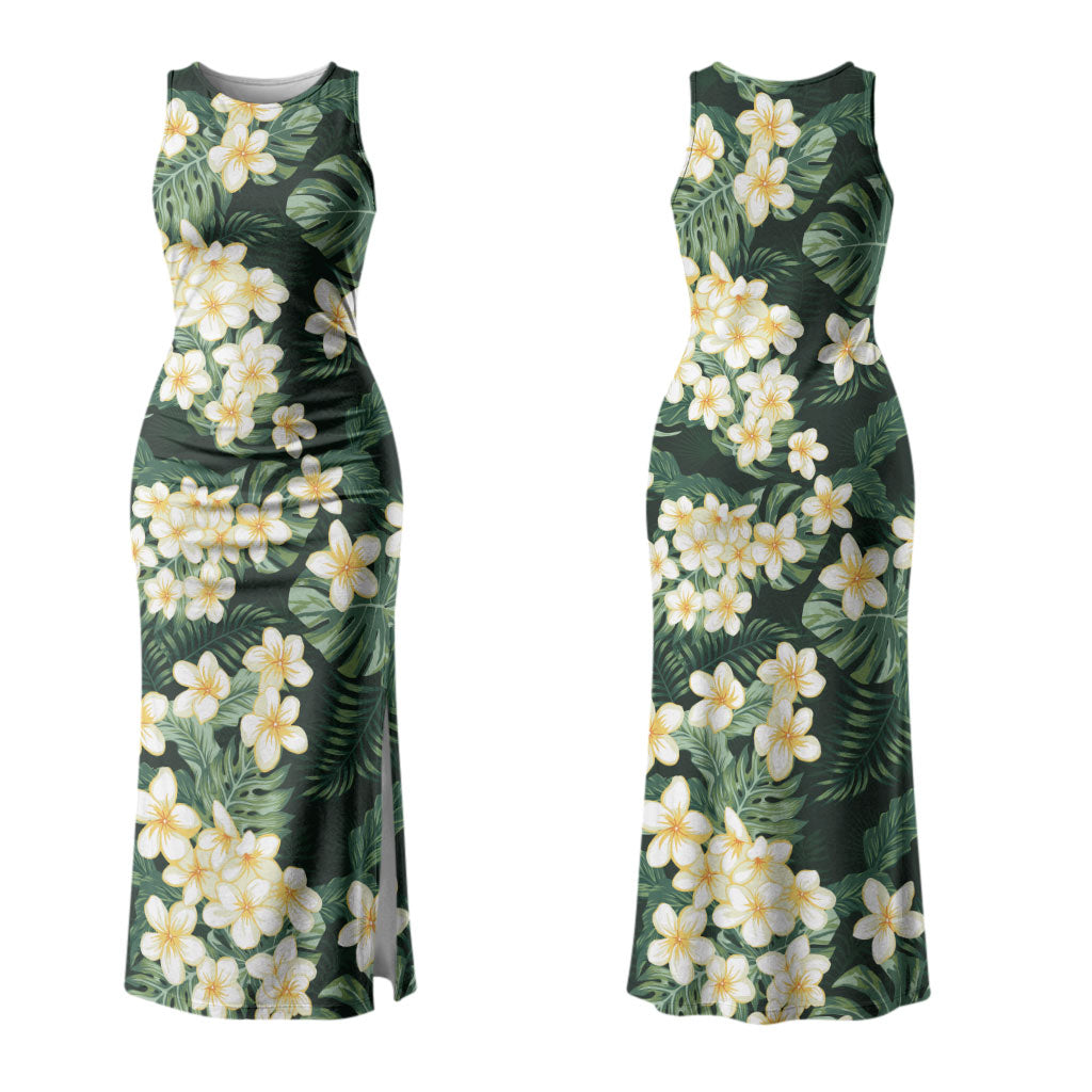 Hawaii Plumeria Tropical Leaves Couples Matching Tank Maxi Dress and Long Sleeve Button Shirt Monstera Calathea Palm Fronds
