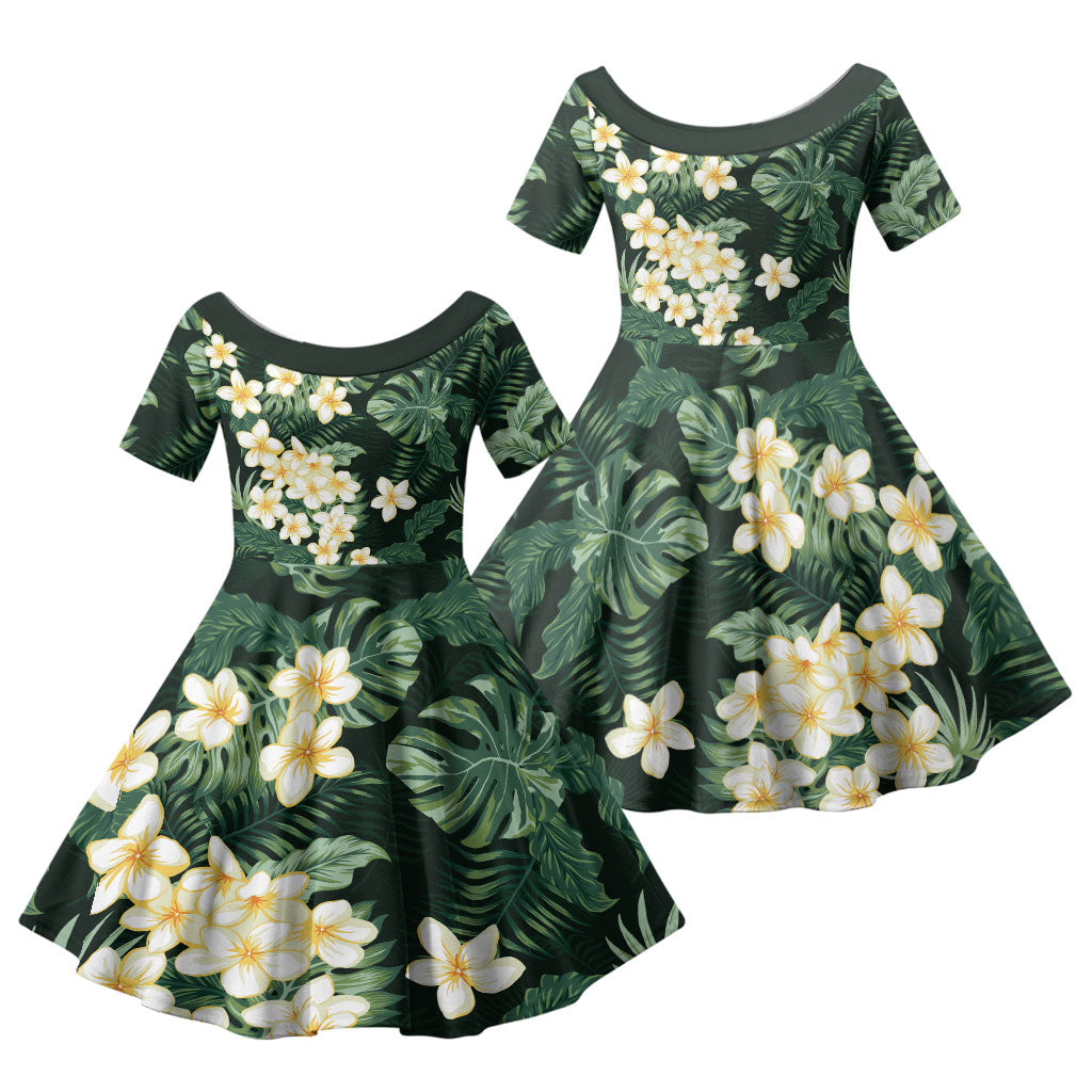 Hawaii Plumeria Tropical Leaves Family Matching Long Sleeve Bodycon Dress and Hawaiian Shirt Monstera Calathea Palm Fronds