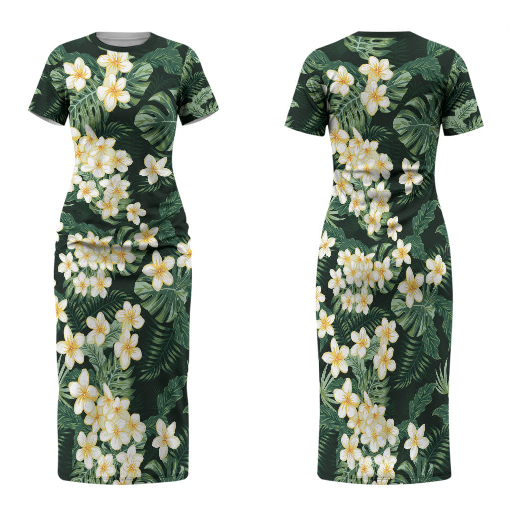 Hawaii Plumeria Tropical Leaves Family Matching Short Sleeve Bodycon Dress and Hawaiian Shirt Monstera Calathea Palm Fronds