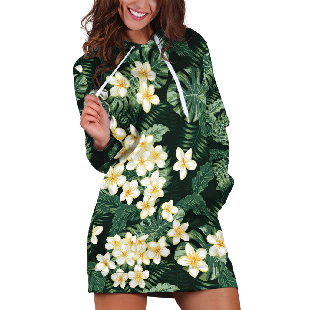 Hawaii Plumeria Tropical Leaves Hoodie Dress Monstera Calathea Palm Fronds