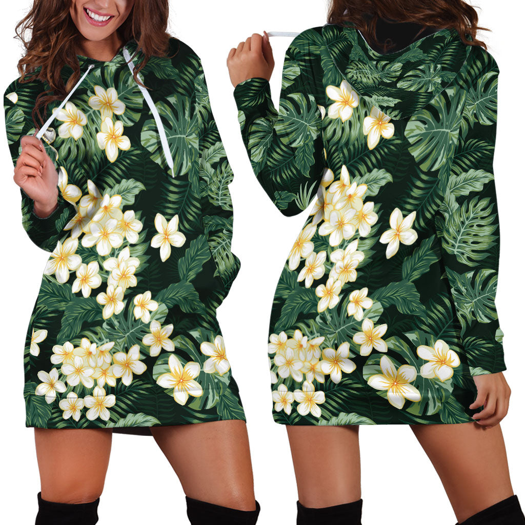 Hawaii Plumeria Tropical Leaves Hoodie Dress Monstera Calathea Palm Fronds