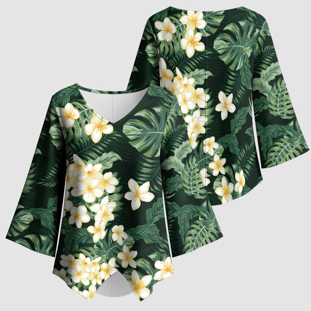 Hawaii Plumeria Tropical Leaves Kimono Sleeve Blouse Monstera Calathea Palm Fronds