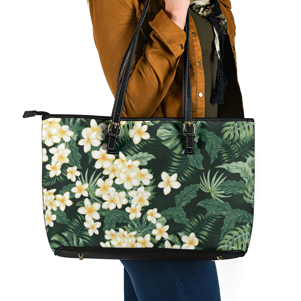 Hawaii Plumeria Tropical Leaves Leather Tote Bag Monstera Calathea Palm Fronds