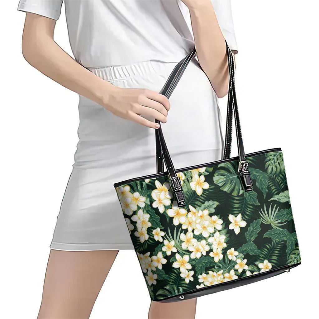 Hawaii Plumeria Tropical Leaves Leather Tote Bag Monstera Calathea Palm Fronds