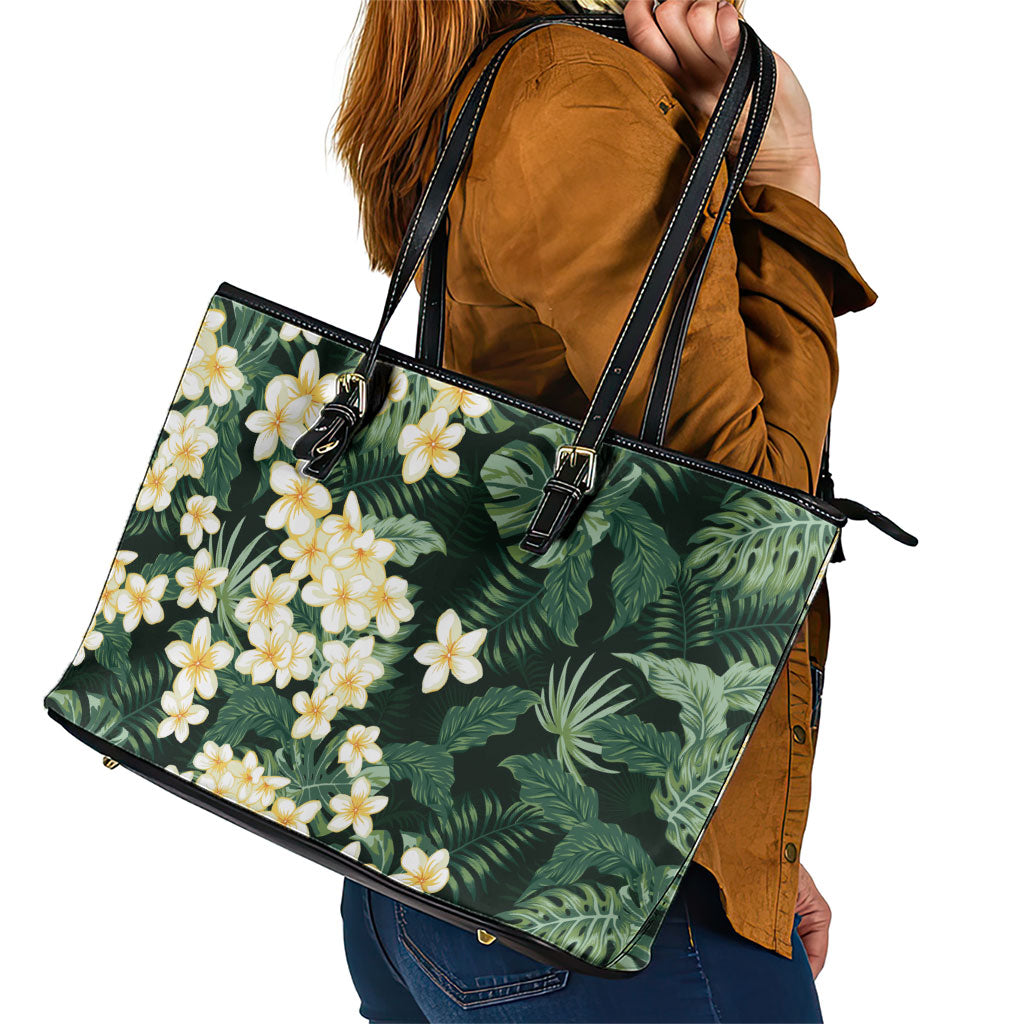 Hawaii Plumeria Tropical Leaves Leather Tote Bag Monstera Calathea Palm Fronds
