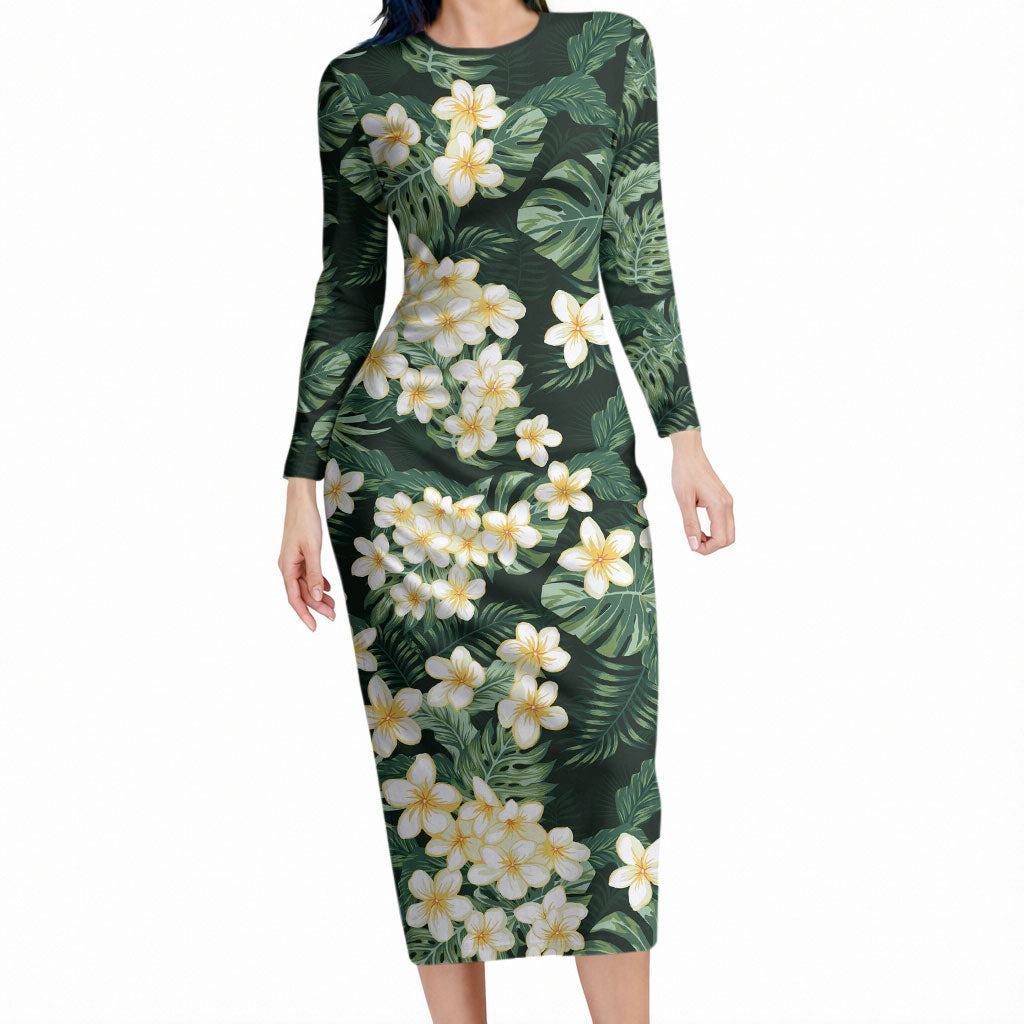 Hawaii Plumeria Tropical Leaves Long Sleeve Bodycon Dress Monstera Calathea Palm Fronds