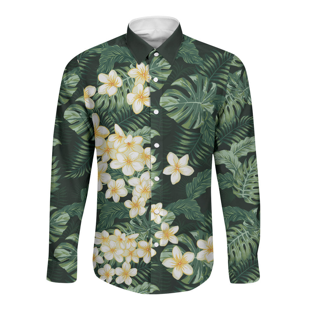 Hawaii Plumeria Tropical Leaves Long Sleeve Button Shirt Monstera Calathea Palm Fronds