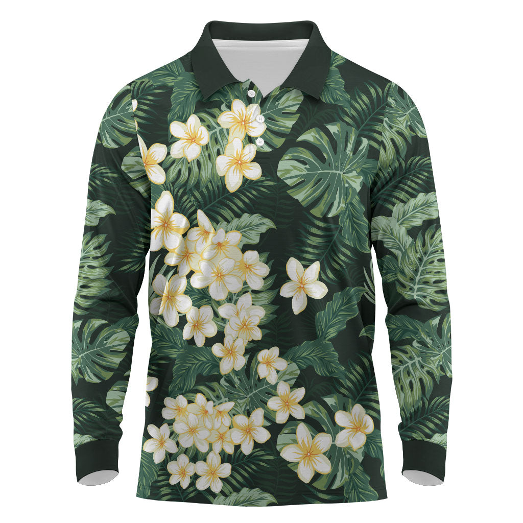 Hawaii Plumeria Tropical Leaves Long Sleeve Polo Shirt Monstera Calathea Palm Fronds
