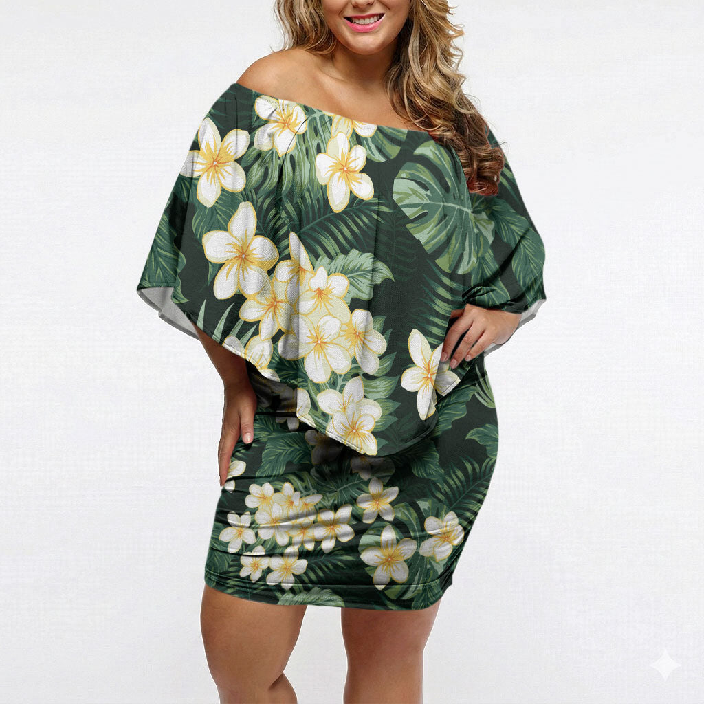 Hawaii Plumeria Tropical Leaves Off Shoulder Short Dress Monstera Calathea Palm Fronds
