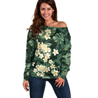 Hawaii Plumeria Tropical Leaves Off Shoulder Sweater Monstera Calathea Palm Fronds