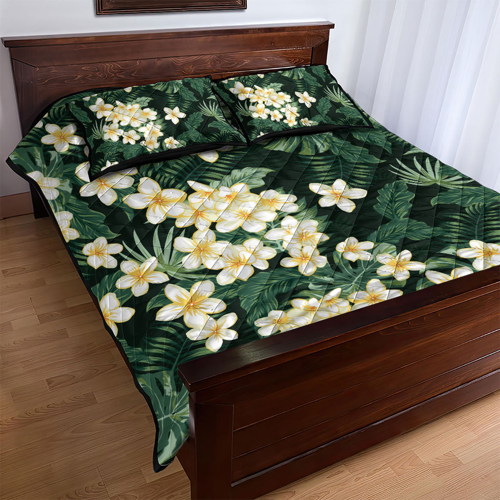 Hawaii Plumeria Tropical Leaves Quilt Bed Set Monstera Calathea Palm Fronds