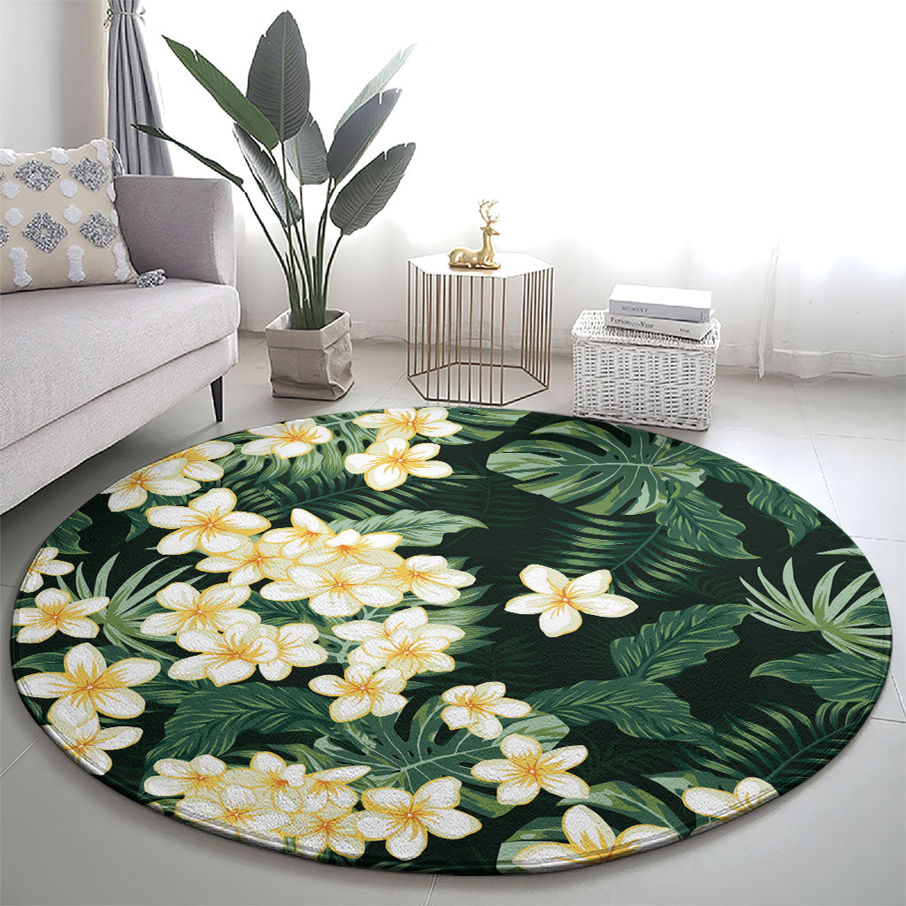 Hawaii Plumeria Tropical Leaves Round Carpet Monstera Calathea Palm Fronds