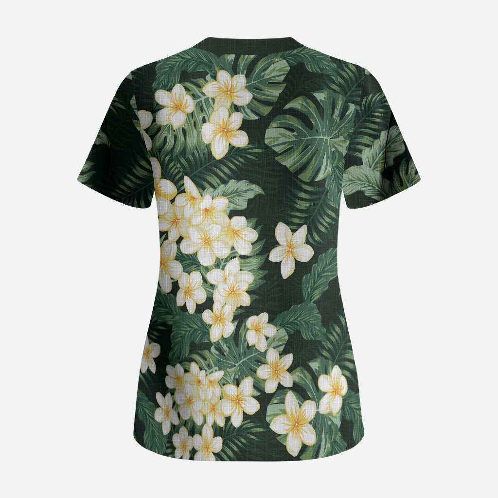 Hawaii Plumeria Tropical Leaves Scrub Top Monstera Calathea Palm Fronds