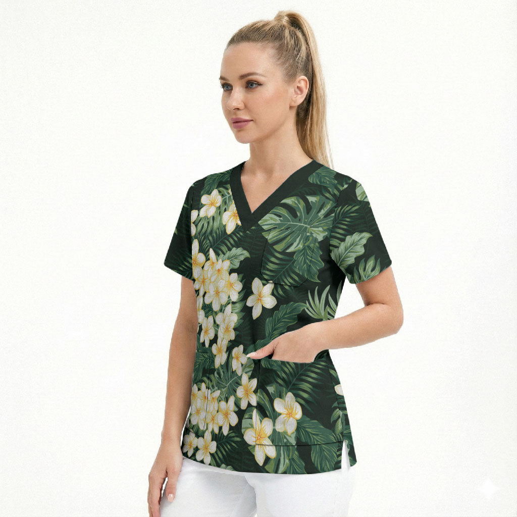 Hawaii Plumeria Tropical Leaves Scrub Top Monstera Calathea Palm Fronds