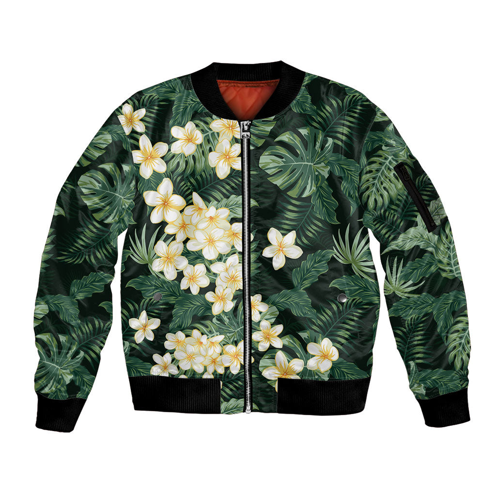 Hawaii Plumeria Tropical Leaves Sleeve Zip Bomber Jacket Monstera Calathea Palm Fronds