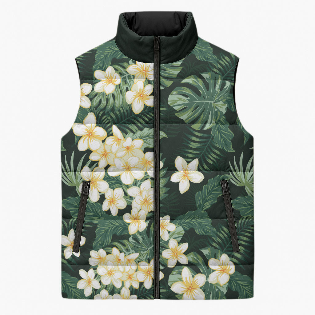Hawaii Plumeria Tropical Leaves Sleeveless Puffer Jacket Monstera Calathea Palm Fronds