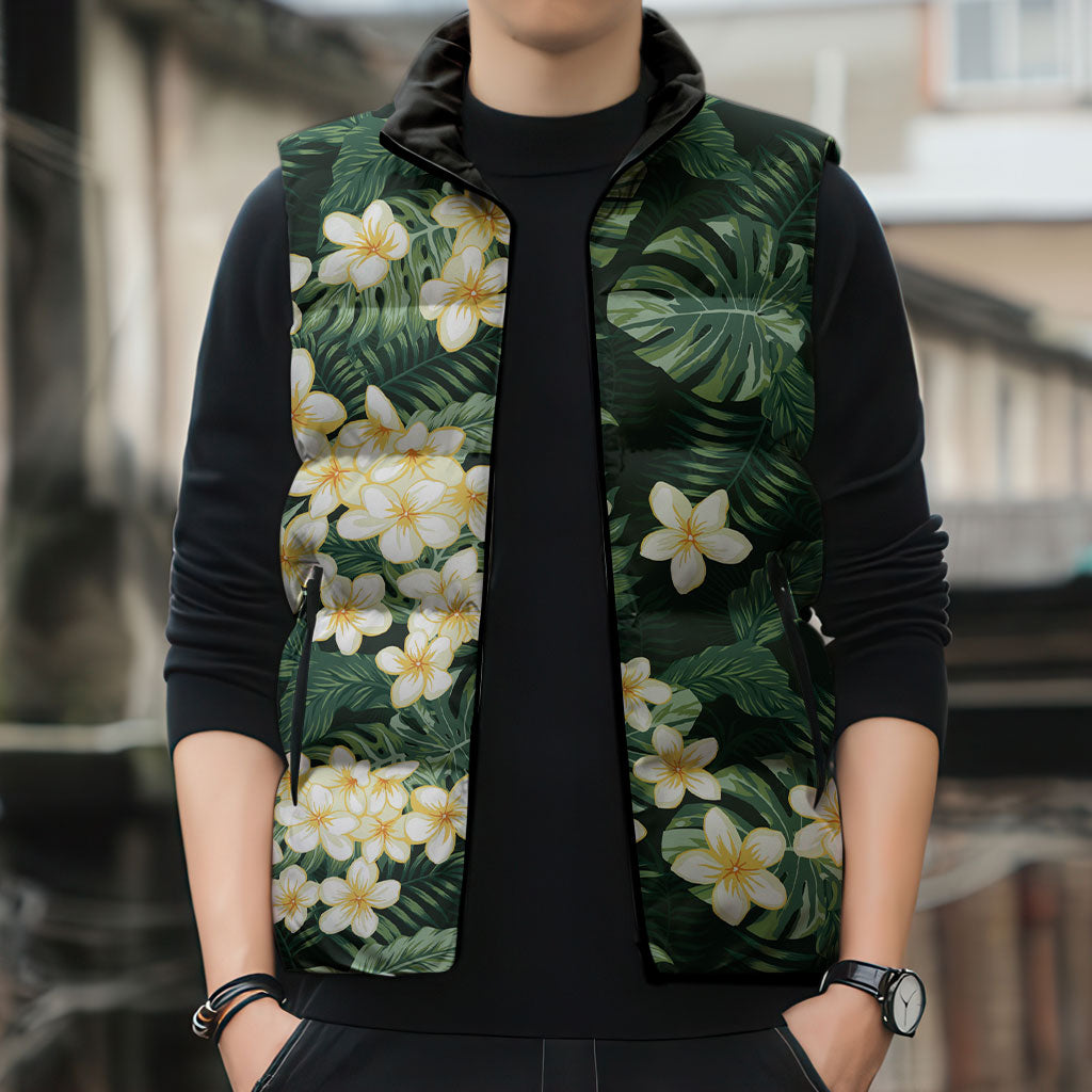 Hawaii Plumeria Tropical Leaves Sleeveless Puffer Jacket Monstera Calathea Palm Fronds
