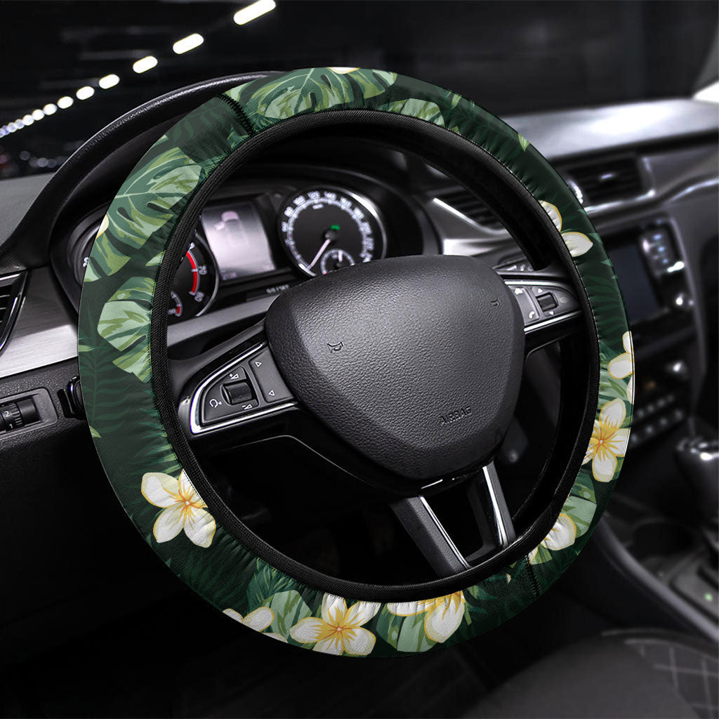 Hawaii Plumeria Tropical Leaves Steering Wheel Cover Monstera Calathea Palm Fronds