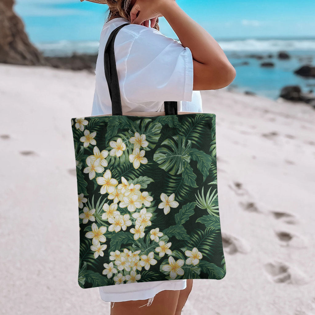 Hawaii Plumeria Tropical Leaves Tote Bag Monstera Calathea Palm Fronds