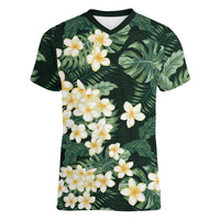 Hawaii Plumeria Tropical Leaves Women V-Neck T-Shirt Monstera Calathea Palm Fronds