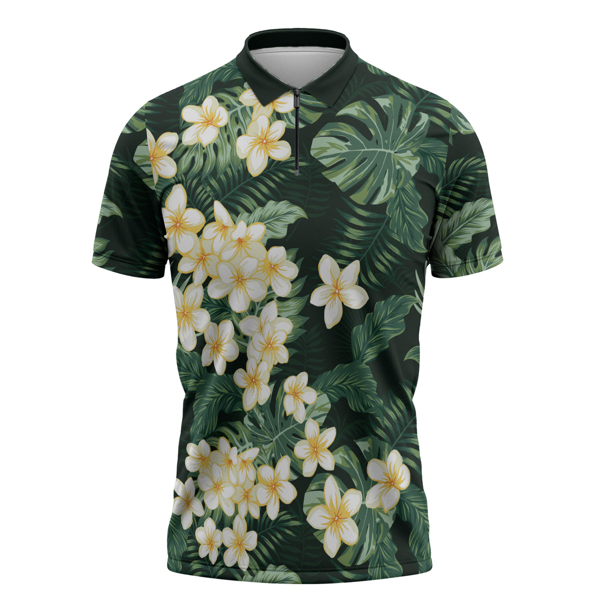 Hawaii Plumeria Tropical Leaves Zipper Polo Shirt Monstera Calathea Palm Fronds
