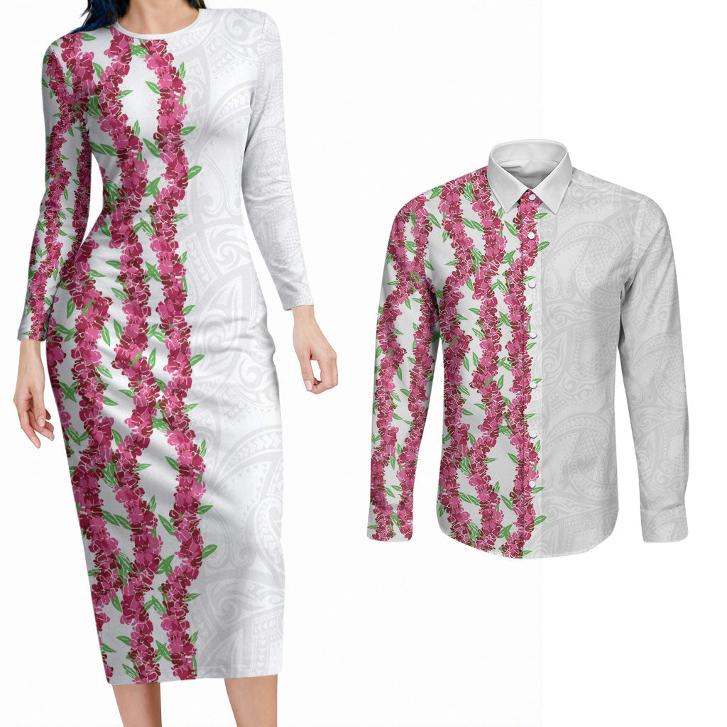 Hawaii Aalii Lei Couples Matching Long Sleeve Bodycon Dress and Long Sleeve Button Shirt Aalii Ku Makani
