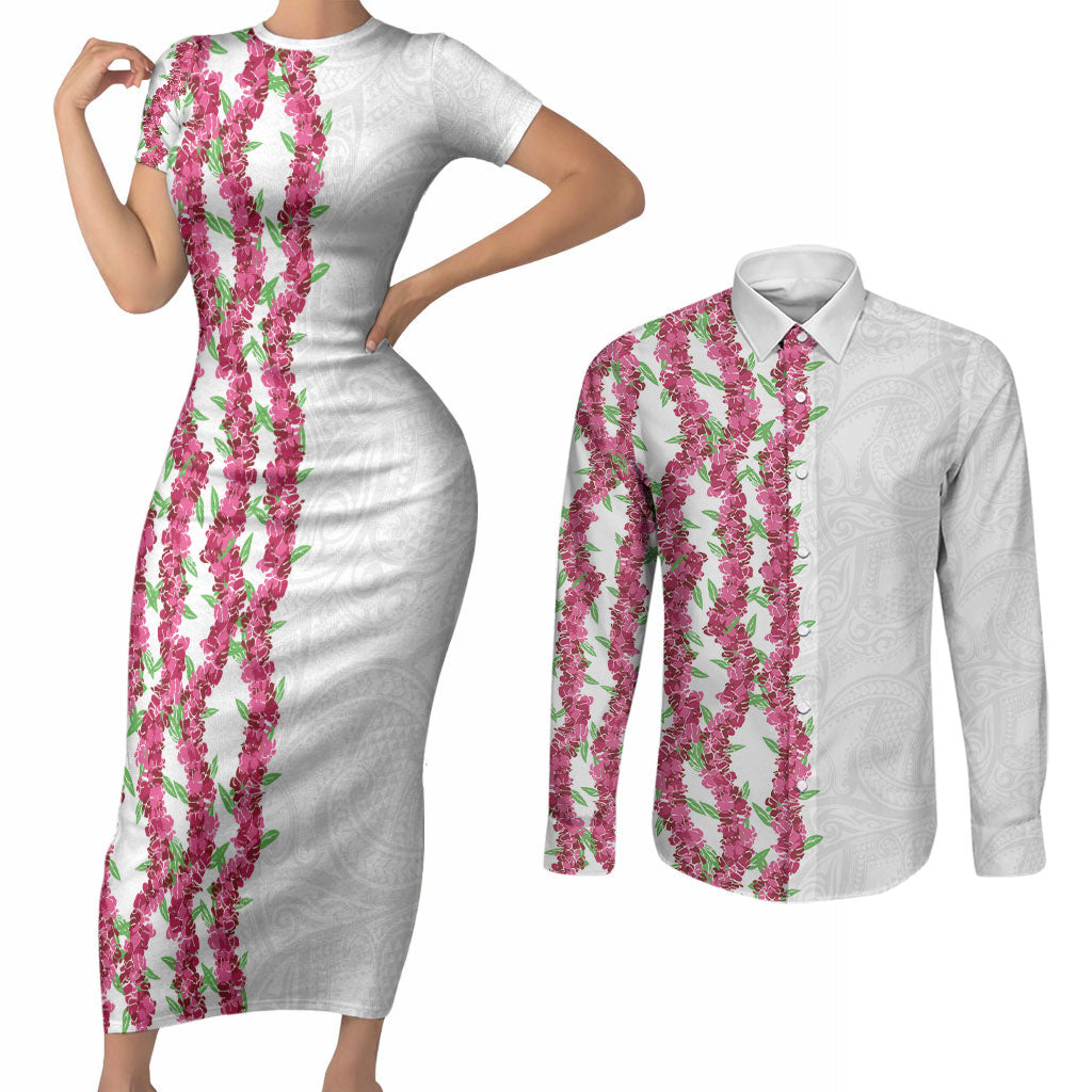 Hawaii Aalii Lei Couples Matching Short Sleeve Bodycon Dress and Long Sleeve Button Shirt Aalii Ku Makani