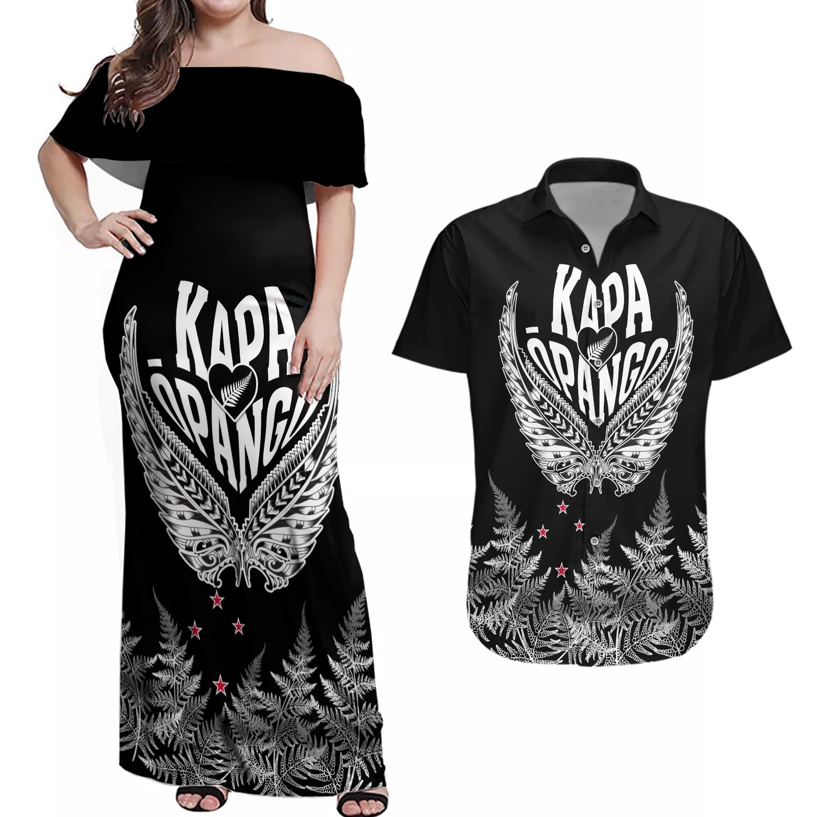 Custom New Zealand Rugby Couples Matching Off Shoulder Maxi Dress and Hawaiian Shirt NZ Opango Forever Silver Fern Heart LT01 Black - Polynesian Pride