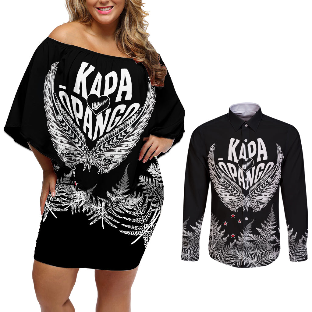 Custom New Zealand Rugby Couples Matching Off Shoulder Short Dress and Long Sleeve Button Shirt NZ Opango Forever Silver Fern Heart LT01 Black - Polynesian Pride