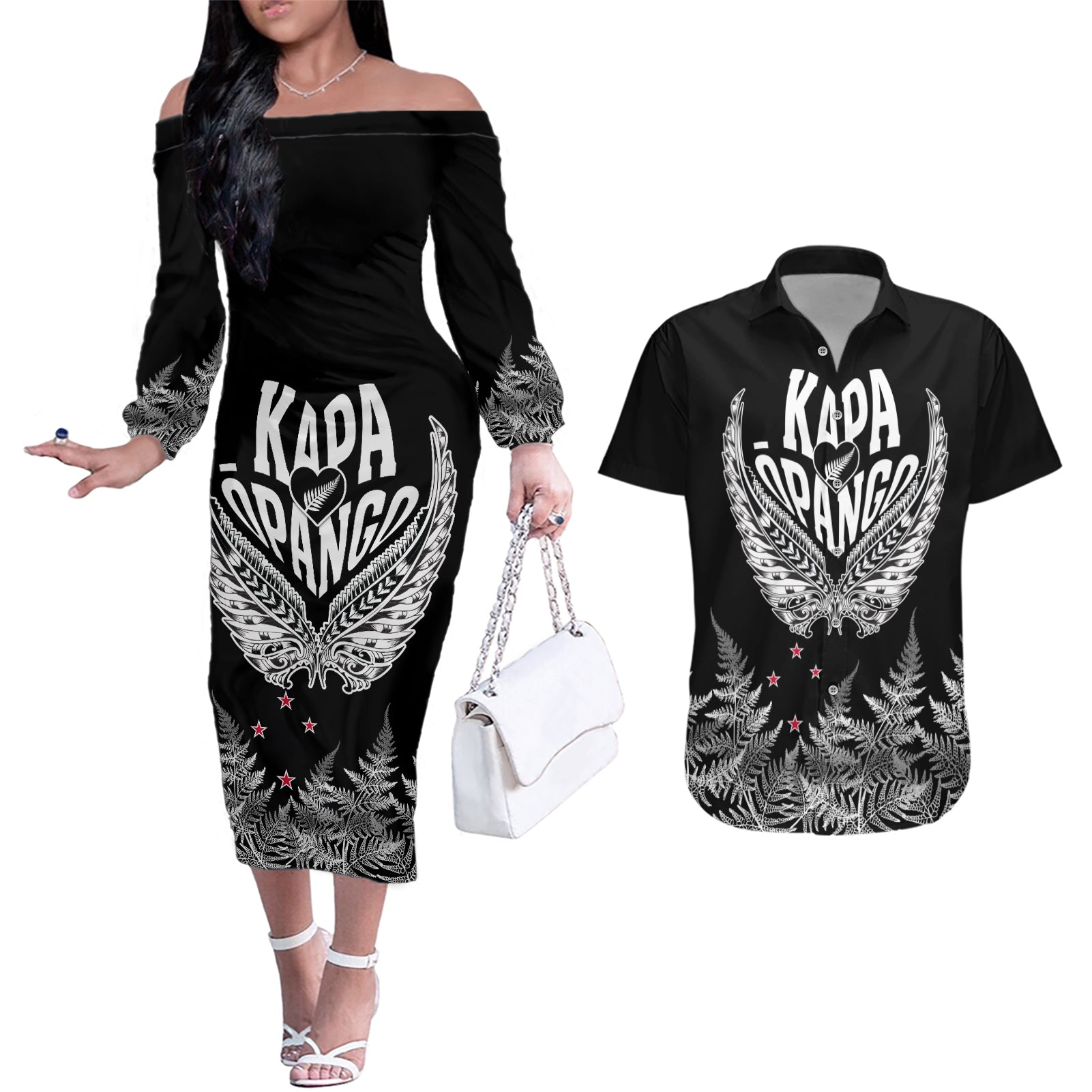 Custom New Zealand Rugby Couples Matching Off The Shoulder Long Sleeve Dress and Hawaiian Shirt NZ Opango Forever Silver Fern Heart LT01 Black - Polynesian Pride