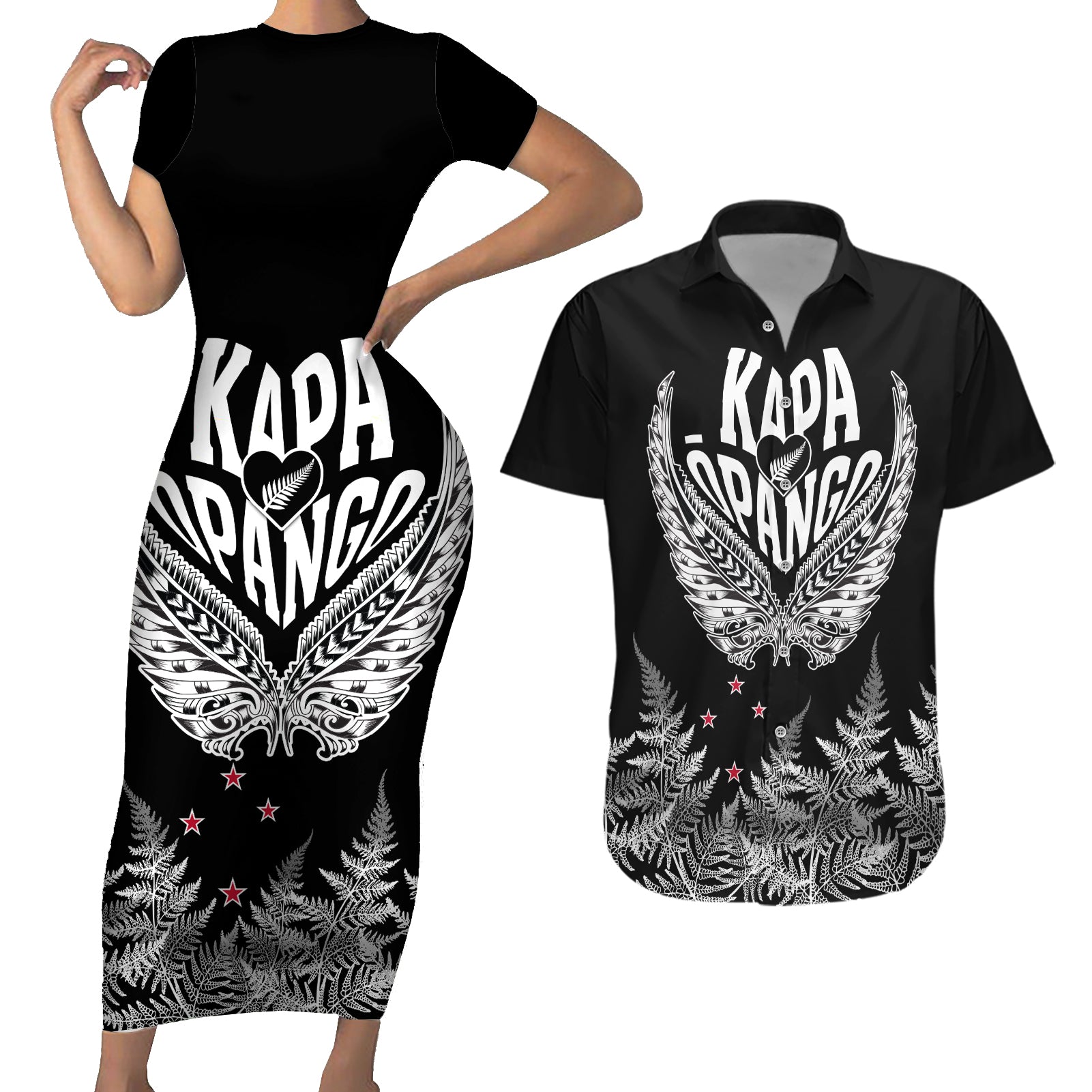 Custom New Zealand Rugby Couples Matching Short Sleeve Bodycon Dress and Hawaiian Shirt NZ Opango Forever Silver Fern Heart LT01 Black - Polynesian Pride