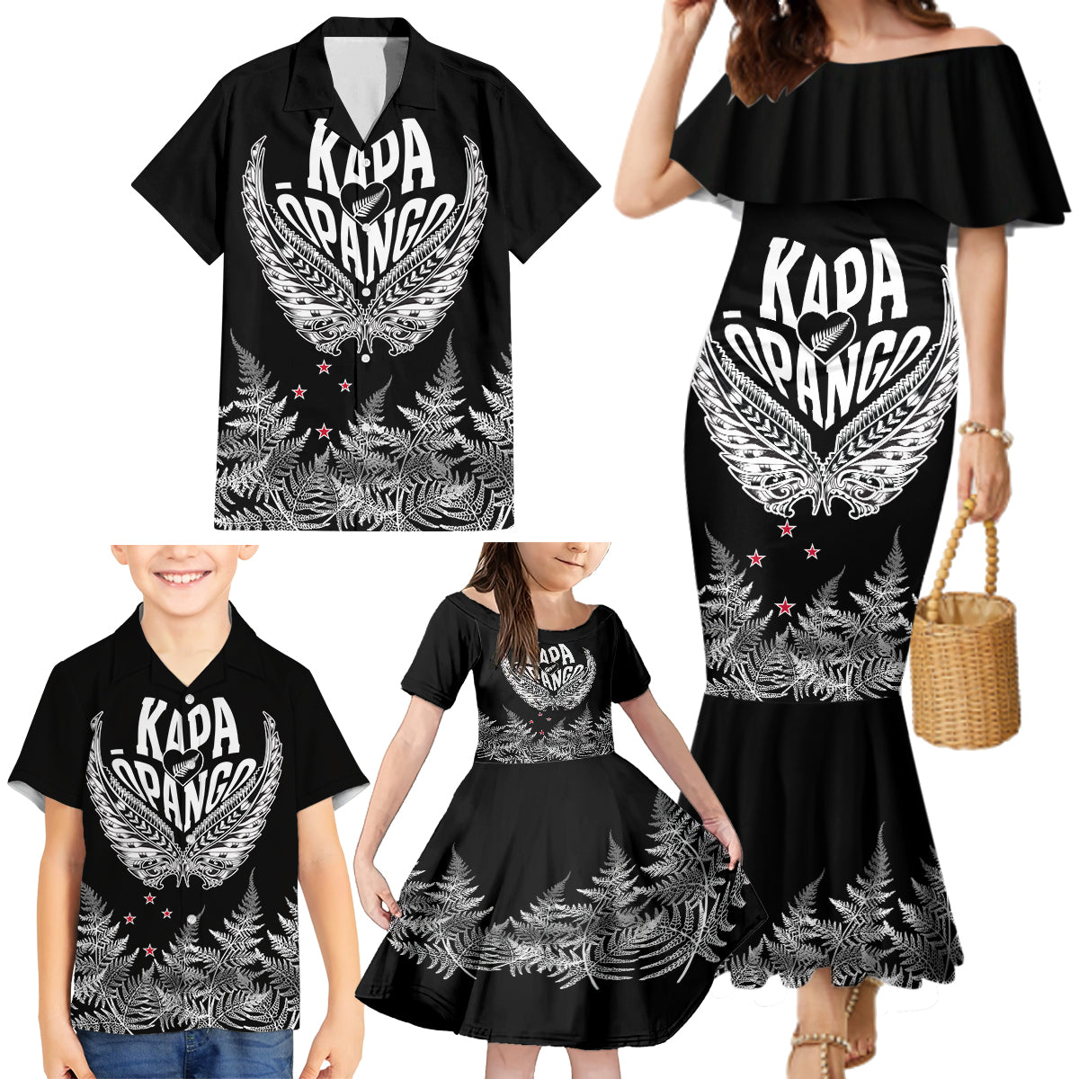 Custom New Zealand Rugby Family Matching Mermaid Dress and Hawaiian Shirt NZ Opango Forever Silver Fern Heart LT01 - Polynesian Pride